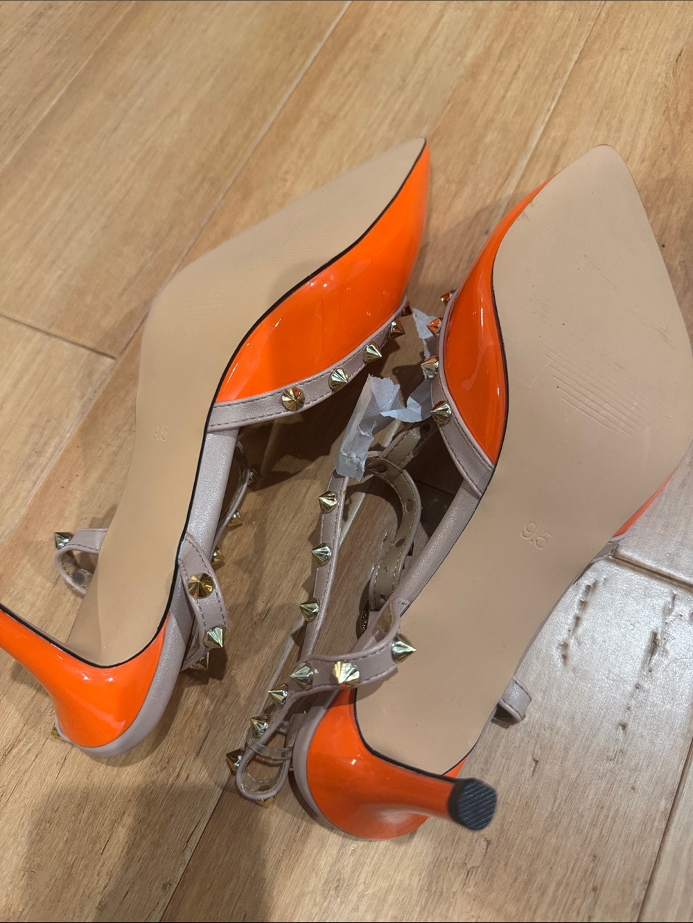 Studded Pointed-Toe T-Strap Flats in Orange and Nude - Picture 3 of 3